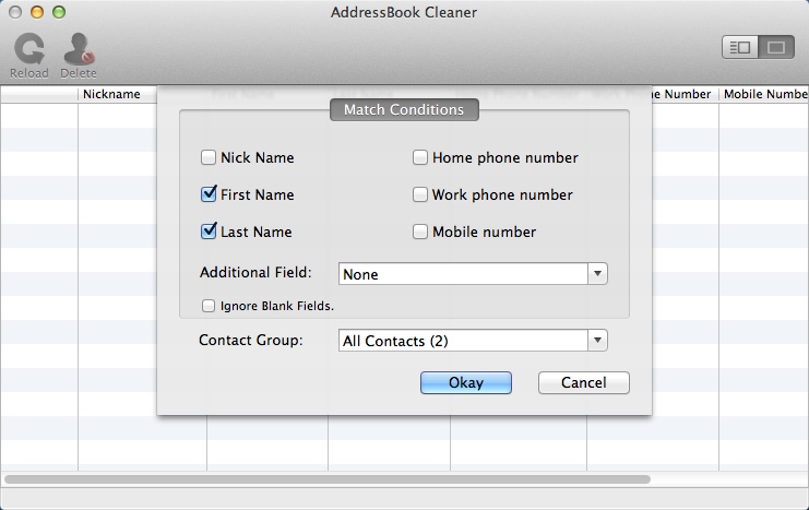 AddressBook Cleaner 2.8 : Match Conditions Window