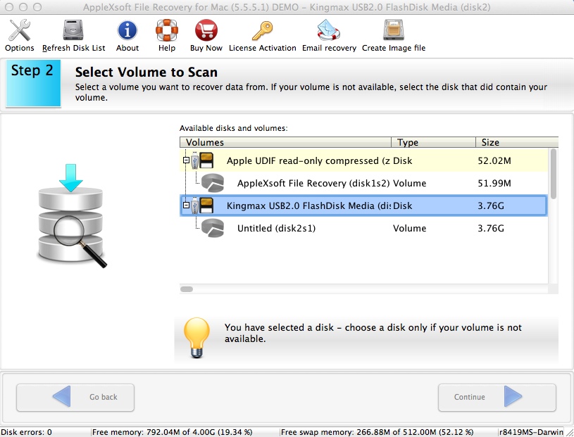AppleXsoft File Recovery for Mac 5.5 : Selecting Volume For Scan