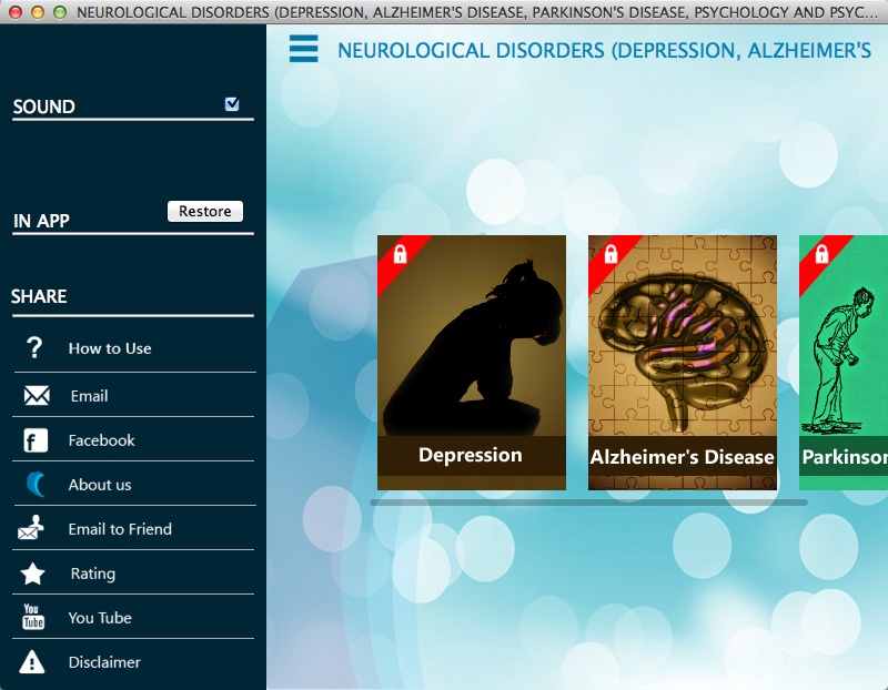 Neurological Disorders (Depression, Alzheimer's Disease, Parkinson's Disease, Psychology and Psychiatry) 1.5 : Main Menu