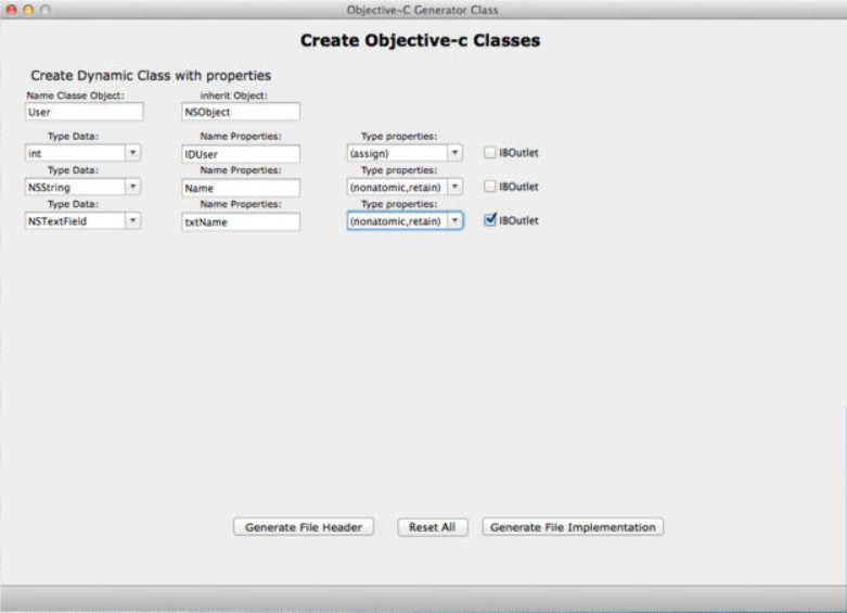 Objective-C Generator Class 1.0 : Main Window