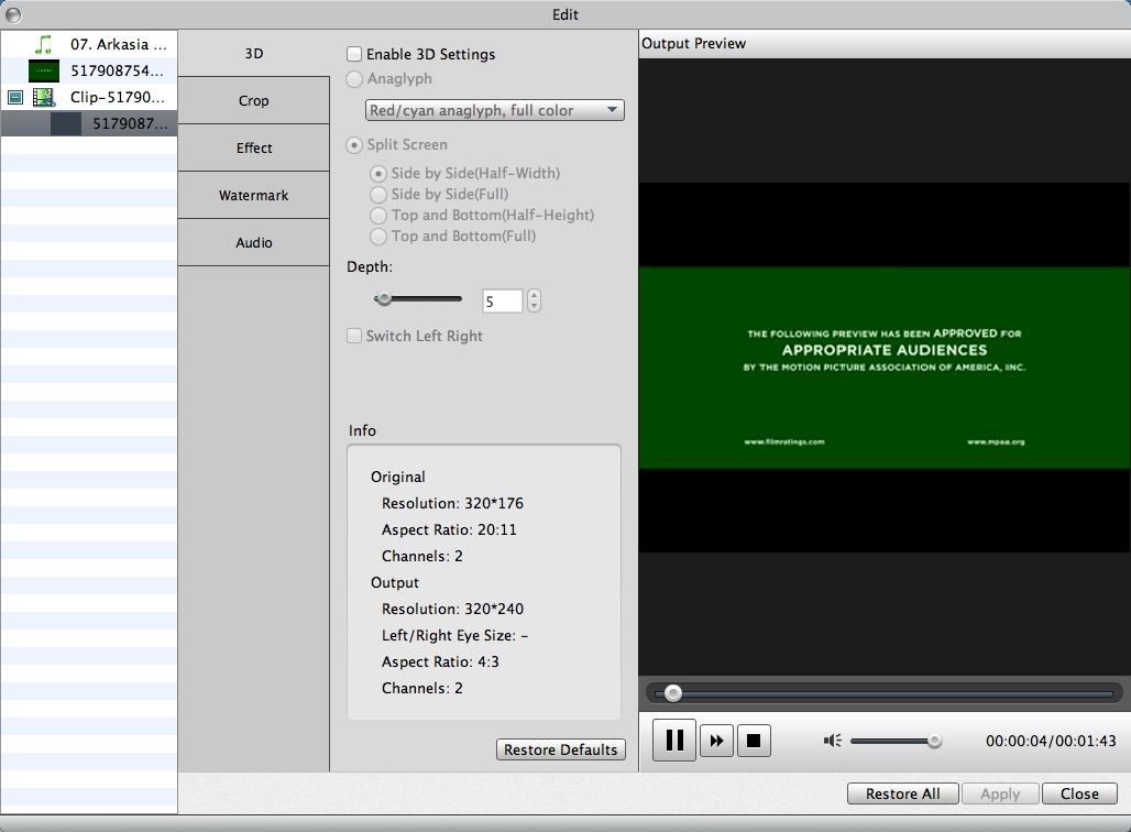 Aiseesoft HD Converter for Mac 6.3 : Adding 3D Effect to Video