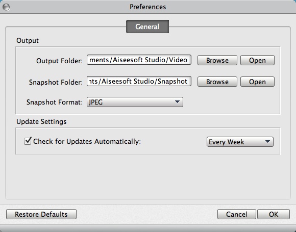 Aiseesoft HD Converter for Mac 6.3 : Program Preferences