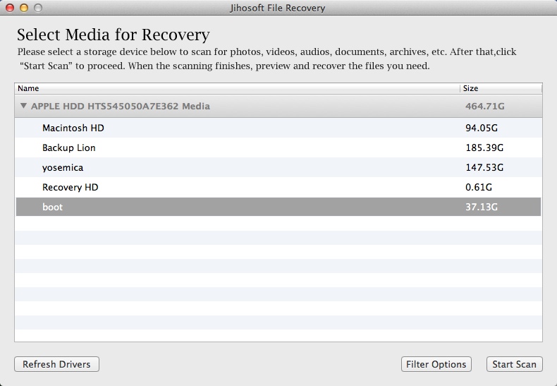 Jihosoft File Recovery for Mac 2.0 : Main Window