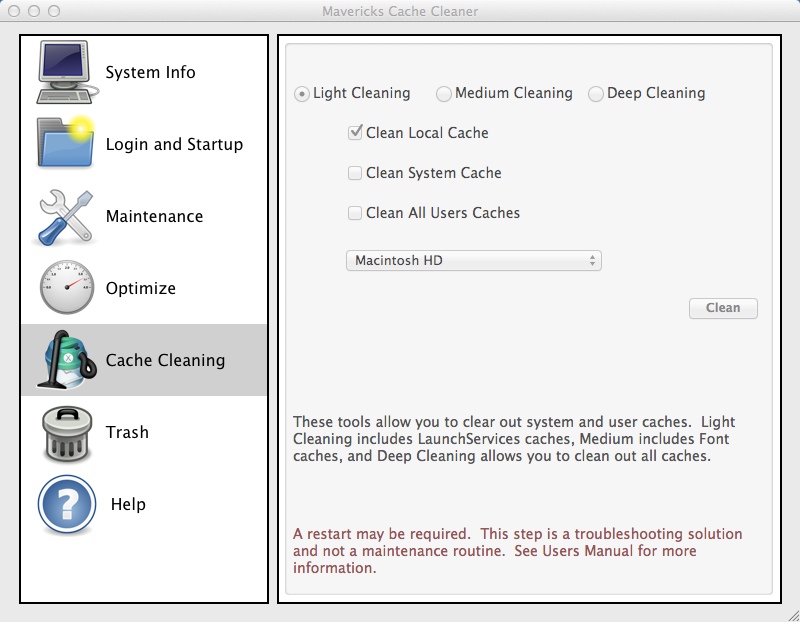 Mavericks Cache Cleaner 8.0 : Cache Cleaning Settings
