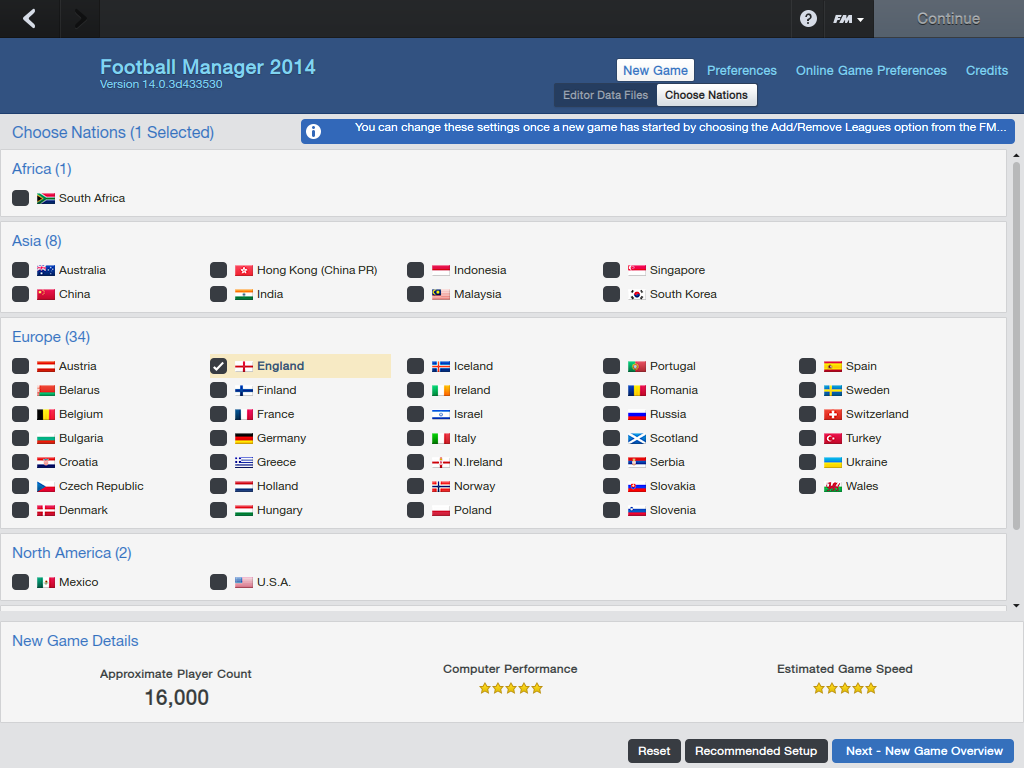 Football Manager 2014 14.0 : Choose Nations Screen