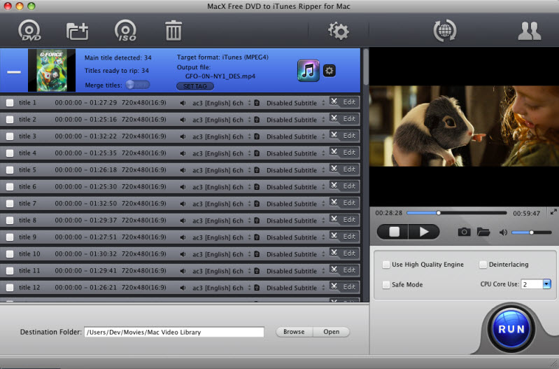 MacX Free DVD to iTunes Ripper for Mac 4.0 : Main Window