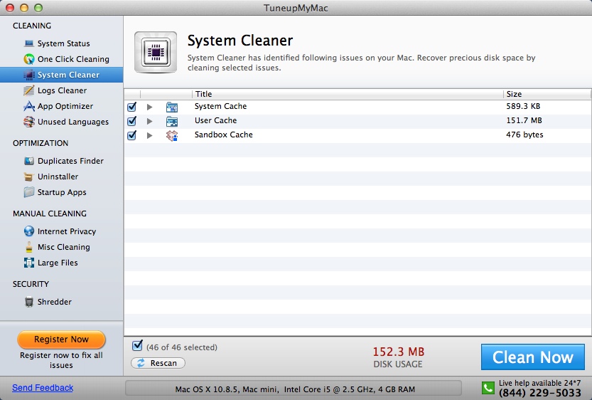 TuneupMyMac 1.8 : System Cleaner Window