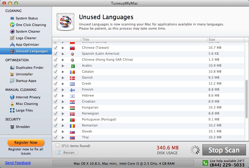 TuneupMyMac 1.8 : Unused Languages Window