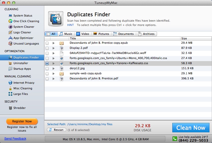 TuneupMyMac 1.8 : Duplicates Finder