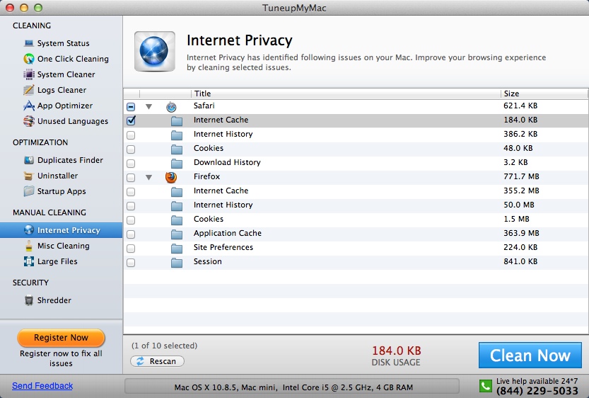 TuneupMyMac 1.8 : Internet Privacy Window