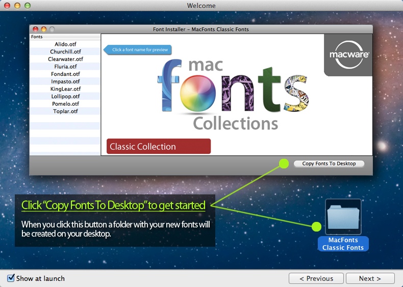 MacFonts-CursiveFonts 1.2 : Welcome Window