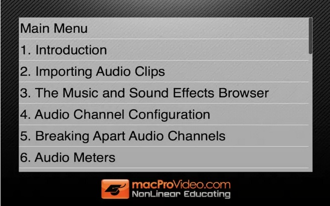 Course For Final Cut Pro X 105 - Working With Audio 1.0 : Main Menu Window