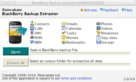 BlackBerry Backup Extractor 2.0 : Main window