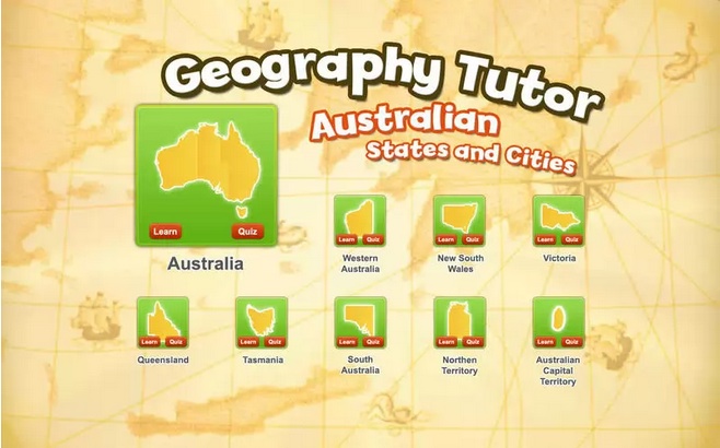 Geography Tutor Australian States and Cities : Main Menu Window