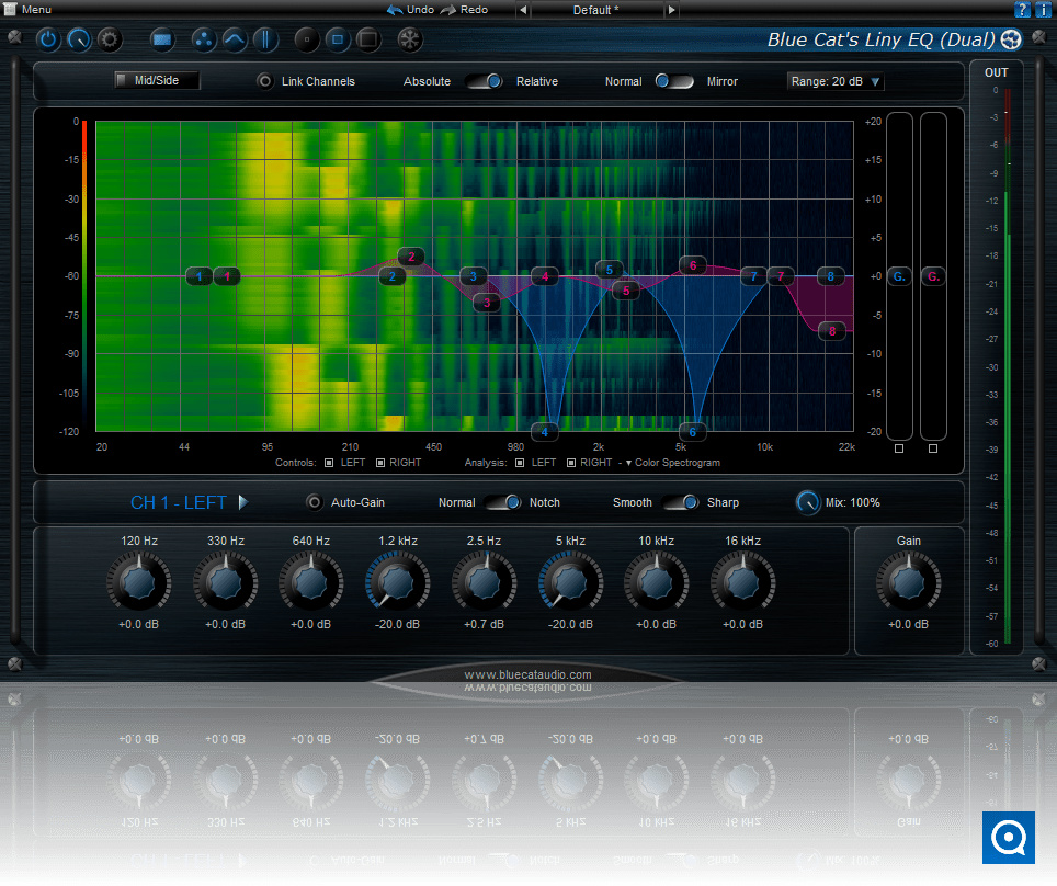 Blue Cat&#039;s Stereo Liny EQ 4.1 : Blue Cat's Liny EQ - Notch filtering, dual channels mode.