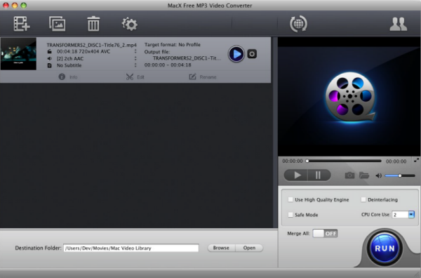 MacX Free MP3 Video Converter 4.0 : Main Window