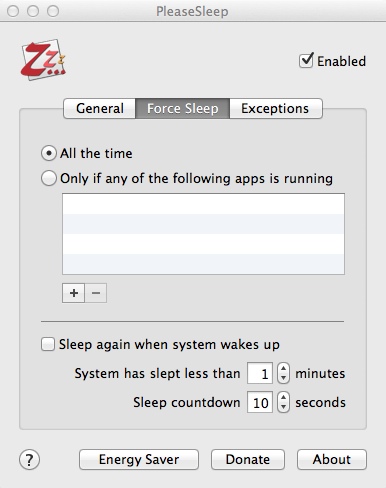 PleaseSleep 2.3 : Configuring Force Sleep Settings