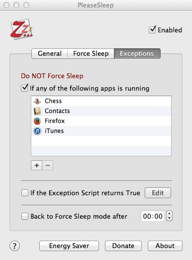 PleaseSleep 2.3 : Configuring Exceptions Settings