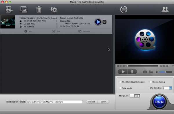 MacX Free AVI Video Converter 4.0 : Main Window
