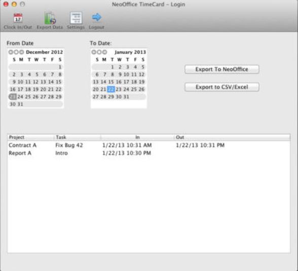 NeoOffice TimeCard 1.0 : Main window