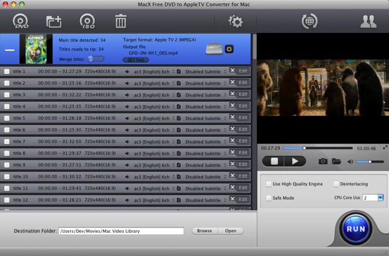 MacX Free DVD to Apple TV Converter Mac 4.0 : Main Window