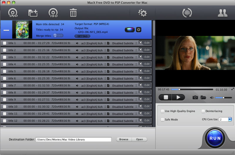 MacX Free DVD to PSP Converter for Mac 4.0 : Main Window