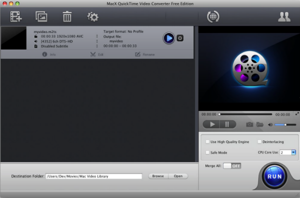 MacX QuickTime Video Converter Free Edition 4.0 : Main Window