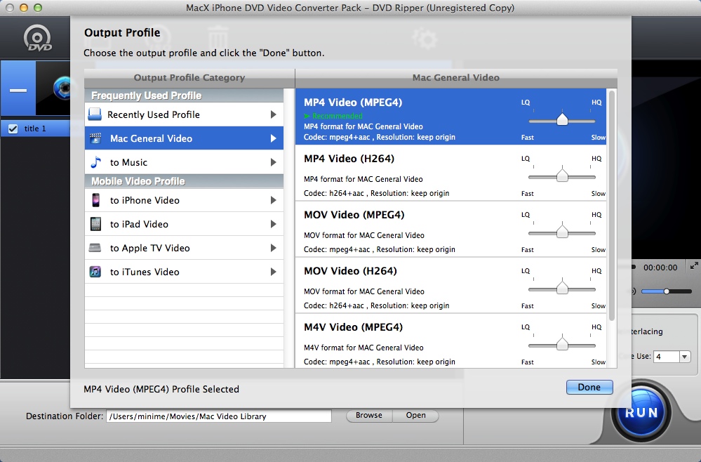 MacX iPhone DVD Video Converter Pack 4.1 : Selecting Output Profile For DVD Conversion