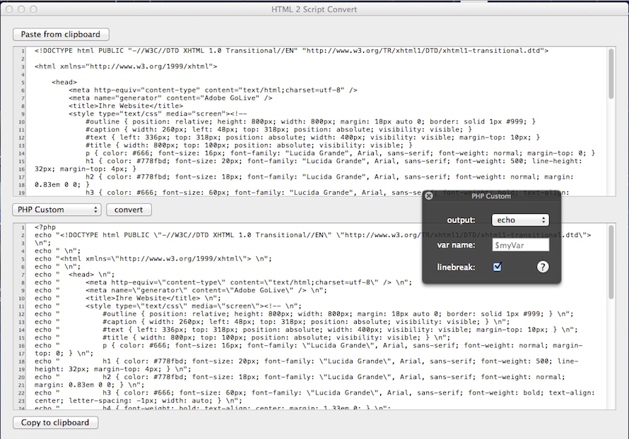 HTML 2 Script Convert 1.0 : Main window