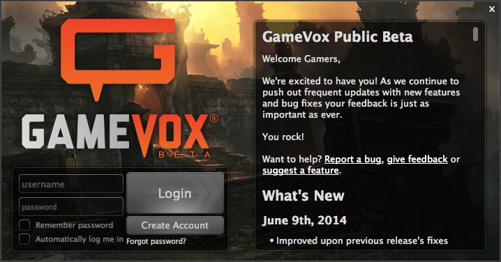 GameVox 0.1 beta : Log-in window