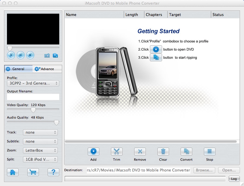 iMacsoft DVD to Mobile Phone Converter for Mac 3.0 : Main window