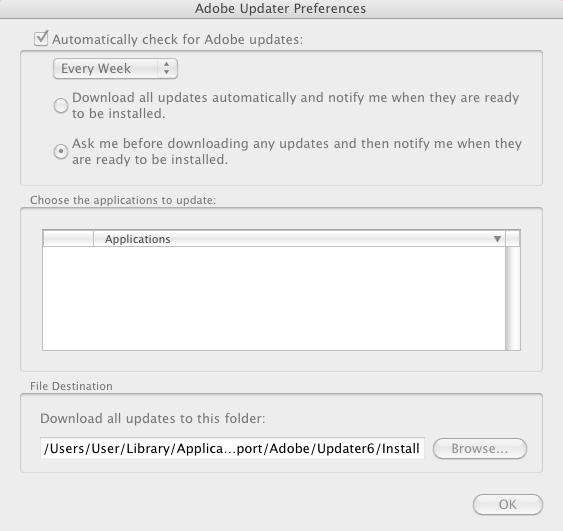 Adobe Updater 6.2 : Preferences in Adobe Updater