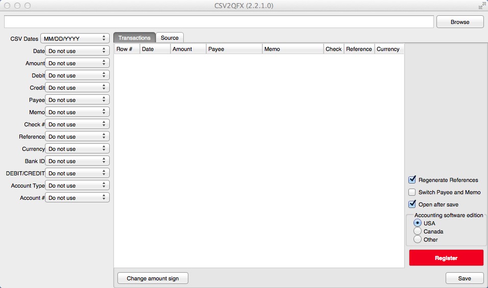 CSV2QFX 2.2 : Main Window
