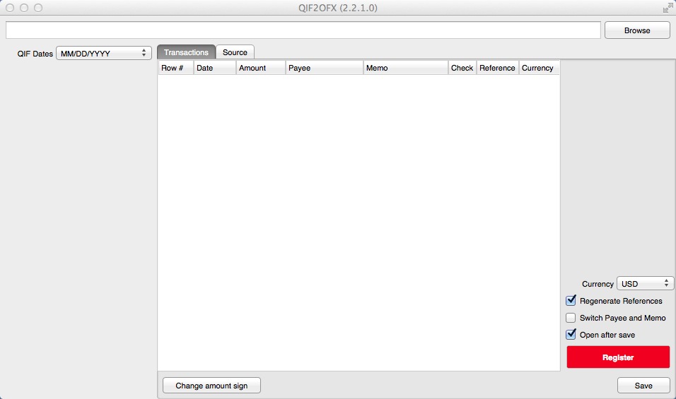 QIF2OFX 2.2 : Main window