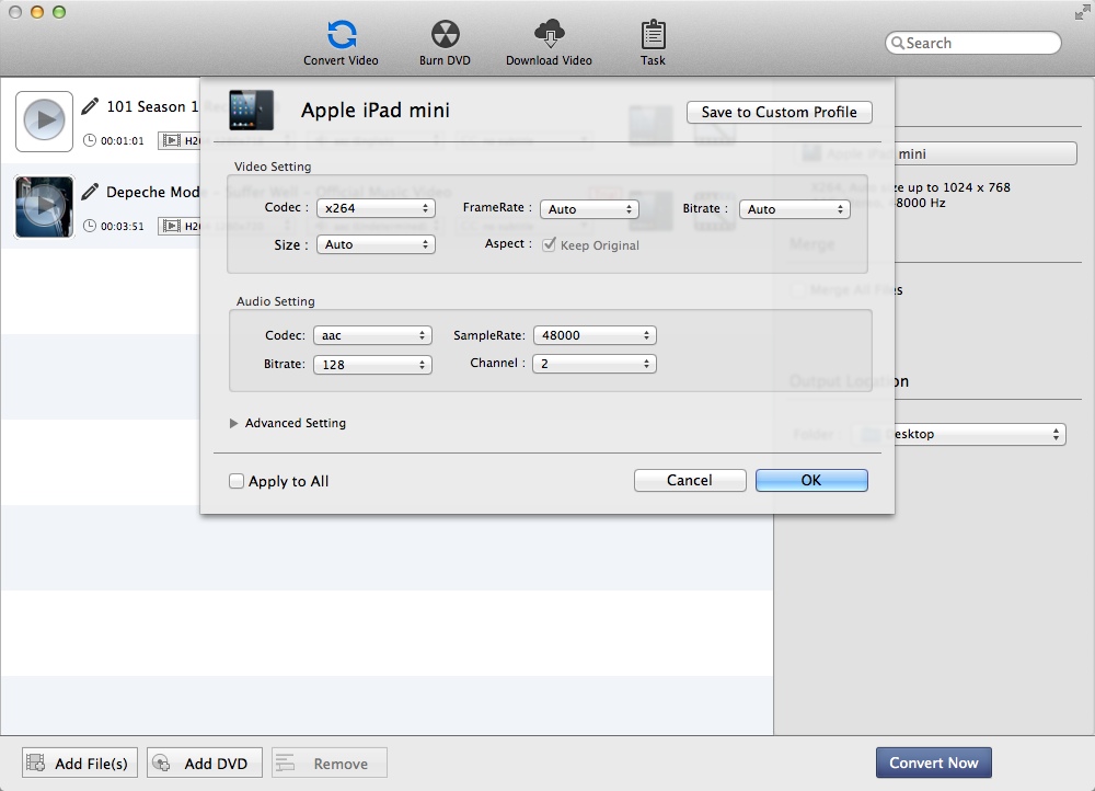 Kigo Video Converter Pro for Mac OS X 7.0 : Configuring Advanced Conversion Settings