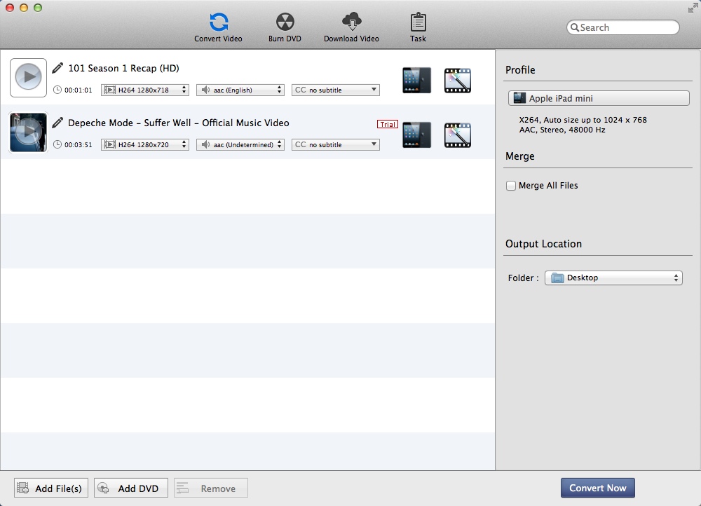 Kigo Video Converter Pro for Mac OS X 7.0 : Main Window
