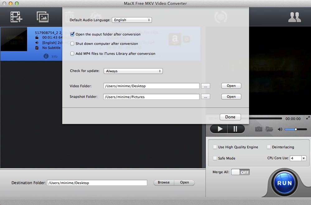 MacX Free MKV Video Converter 4.1 : Program Preferences