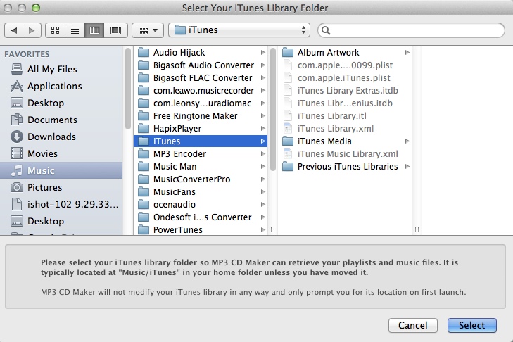 MP3 CD Maker 1.0 : Selecting iTunes Library Folder