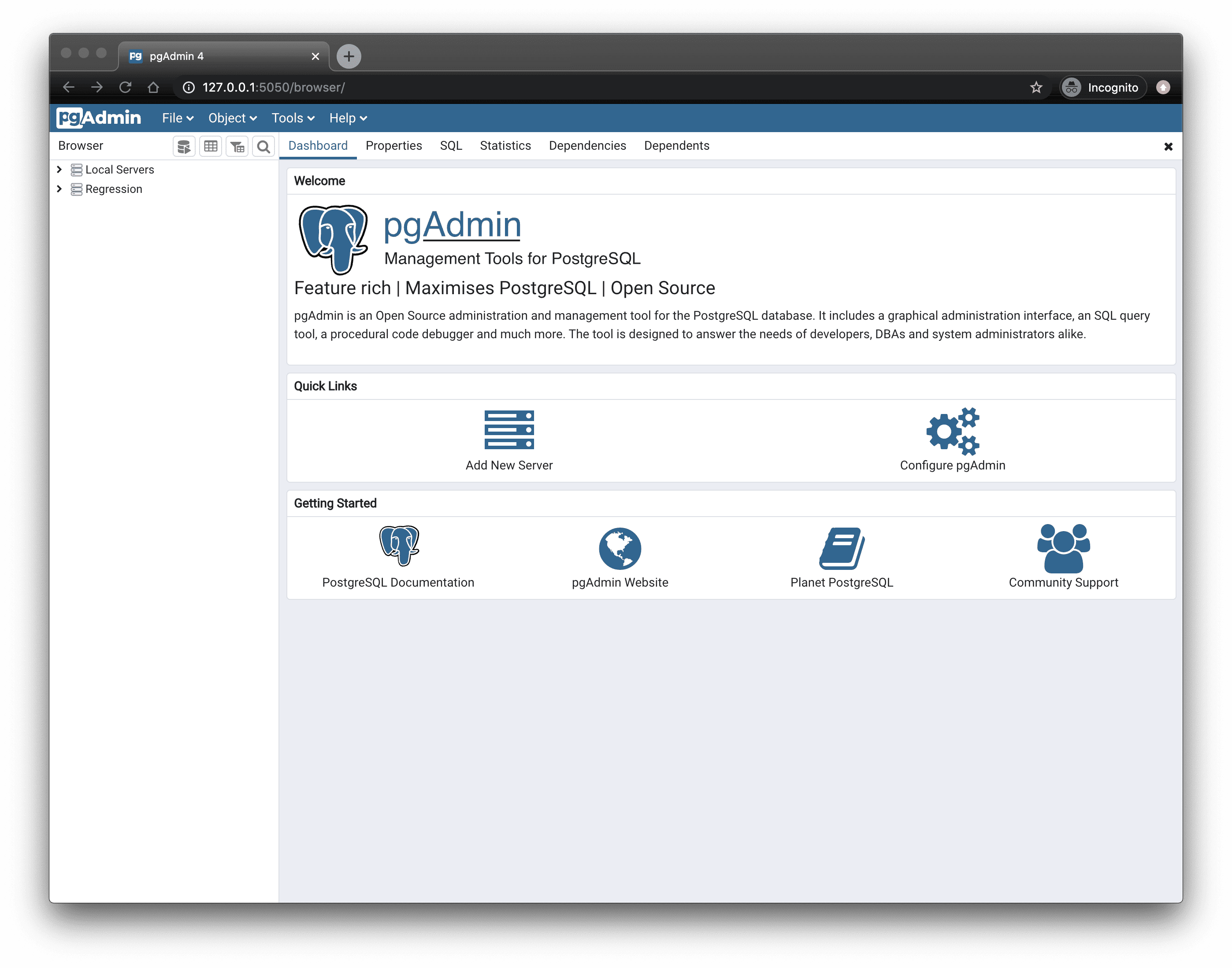 pgAdmin 4 5.5 : Welcome screen