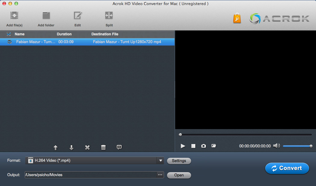 Acrok HD Video Converter for Mac 2.6 : Main Window