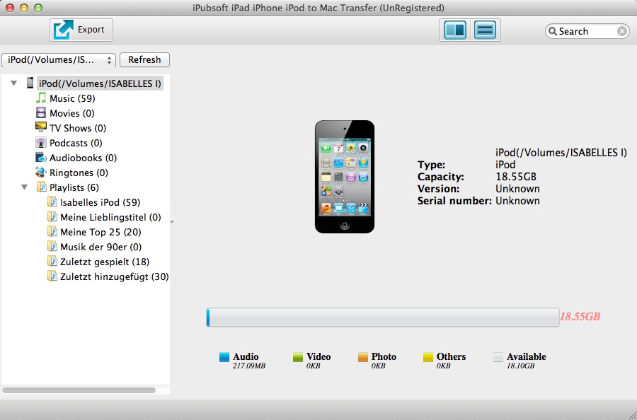 iPubsoft iPad iPhone iPod to Mac Transfer 2.1 : Device Window