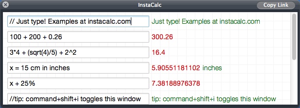 InstaCalc 1.0 : Equation Samples Window