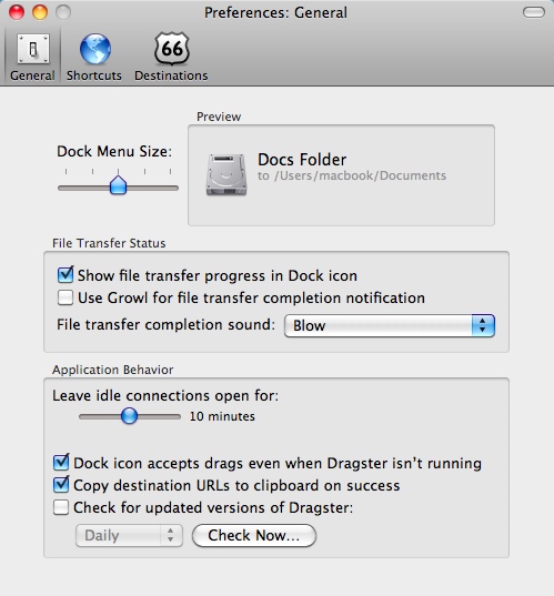 Dragster 1.1 : Settings Window