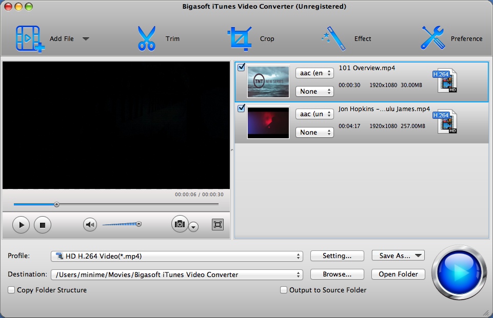 Bigasoft iTunes Video Converter 4.2 : Main Window