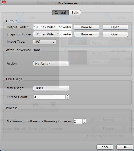 Bigasoft iTunes Video Converter 4.2 : Program Preferences