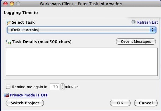 Worksnaps Client 1.1 : Main Window