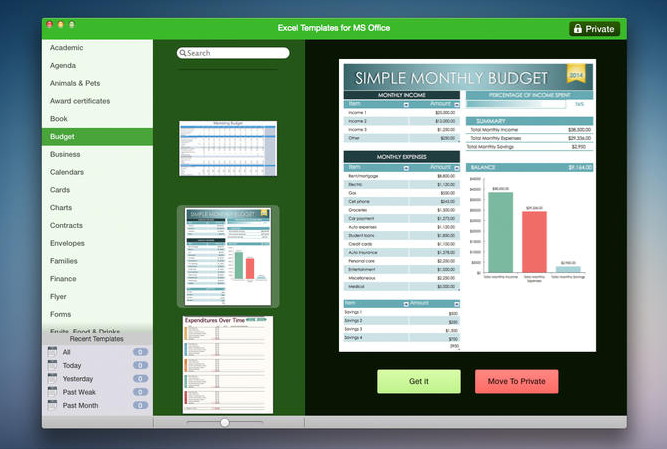 Templates for Microsoft Excel 1.0 : Main window