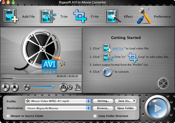 Bigasoft AVI to iMovie Converter 3.7 : Main window
