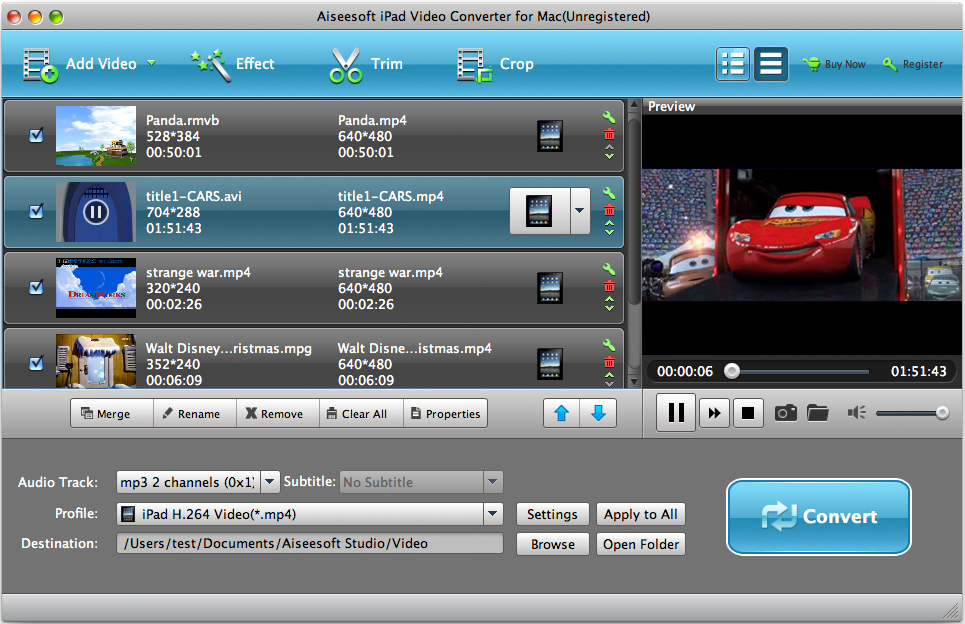 Aiseesoft iPad Video Converter for Mac 7.0 : Main Window