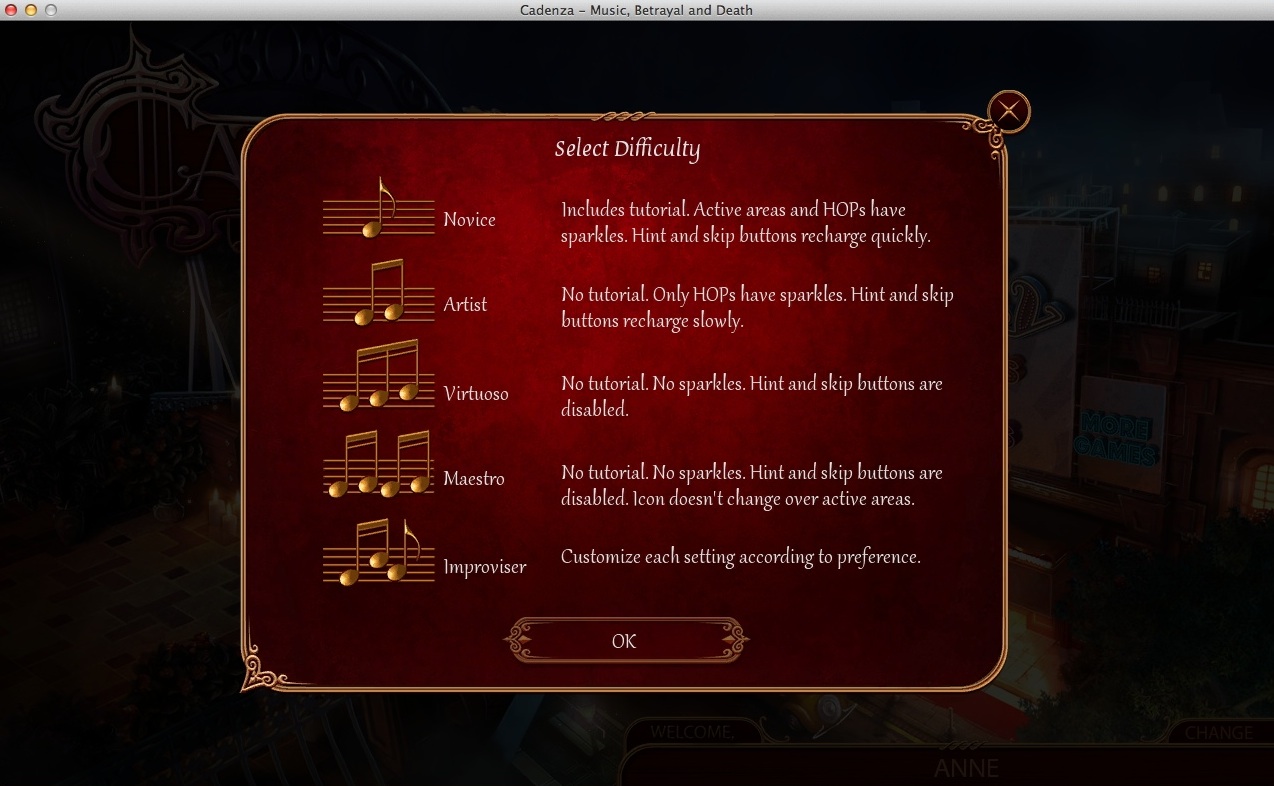 Cadenza: Music, Betrayal and Death 2.0 : Selecting Game Difficulty